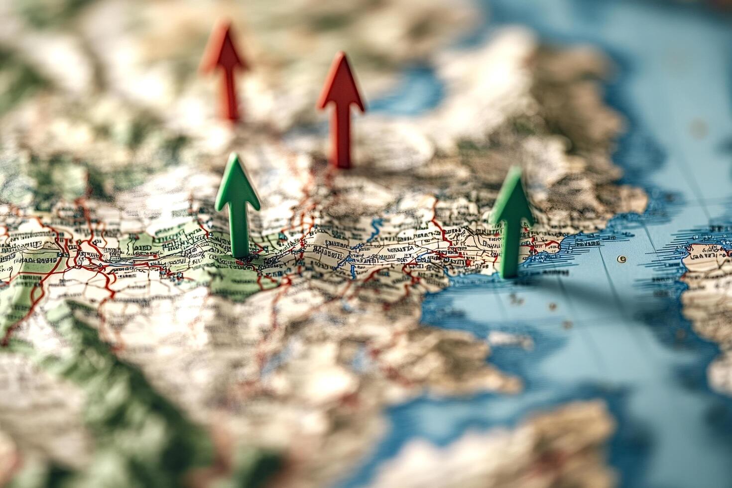 Upward arrows showing growth and success on geographical map photo