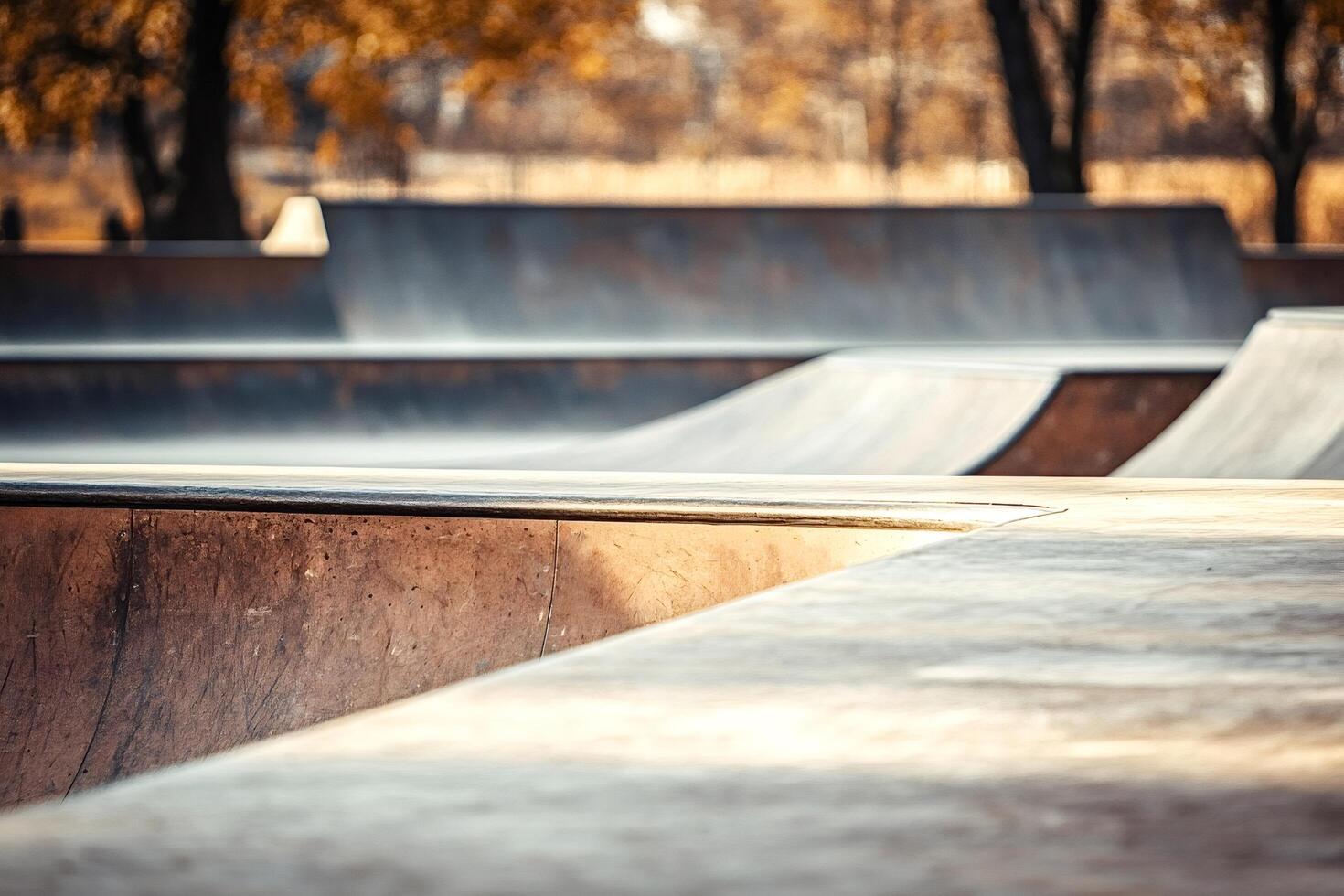 Skatepark ramps and concrete curves in autumn scenery photo
