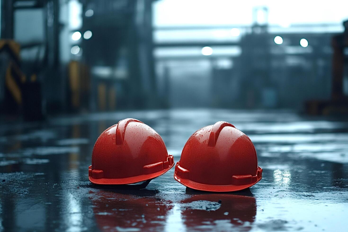 Two red hard hats resting on wet concrete in industrial setting photo