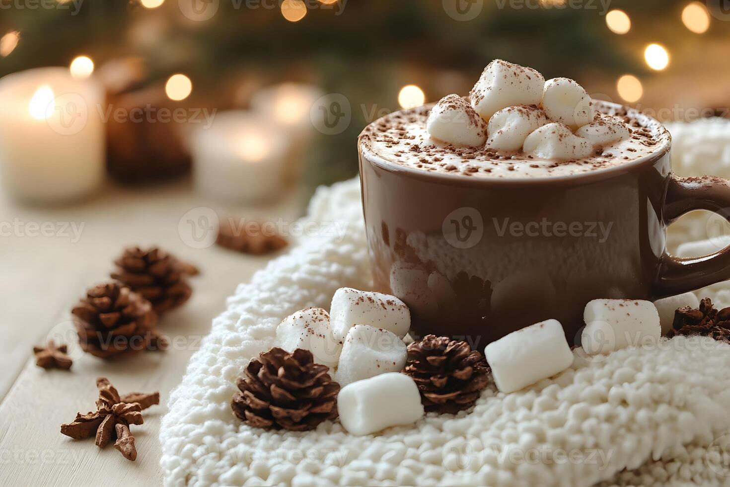 Cozy Winter Beverage with Hot Chocolate and Marshmallows for Christmas Celebration photo