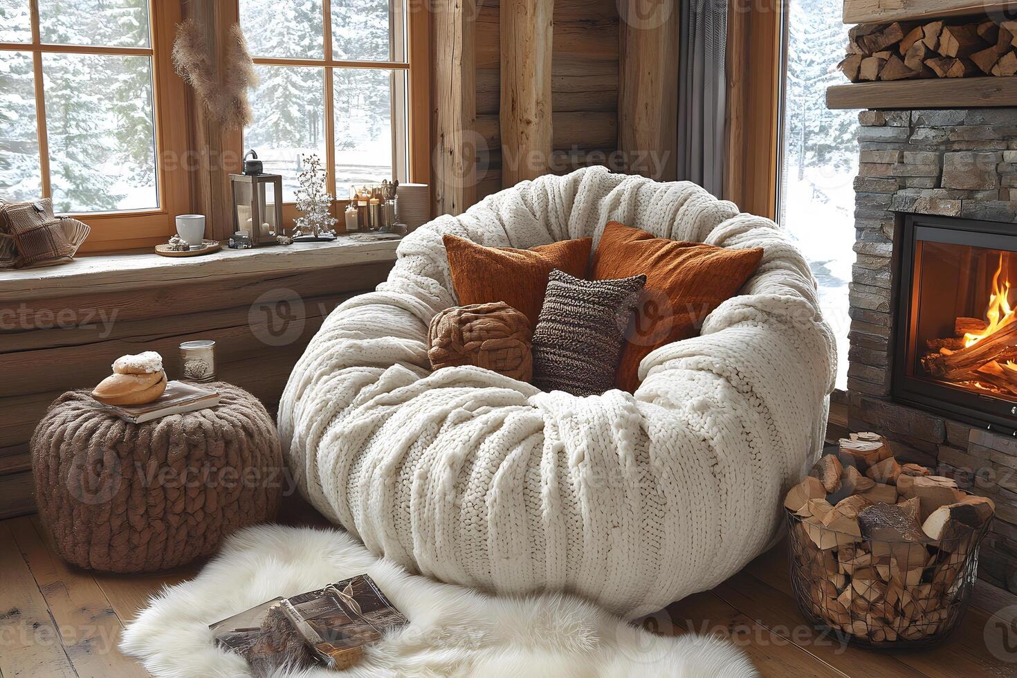 Cozy Winter Retreat with Plush Seating by a Rustic Fireplace in a Log Cabin photo