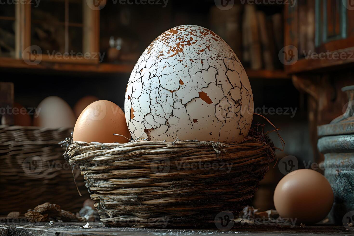 Rustic Farmhouse Decor with Nest and Large Speckled Egg in Woven Basket photo