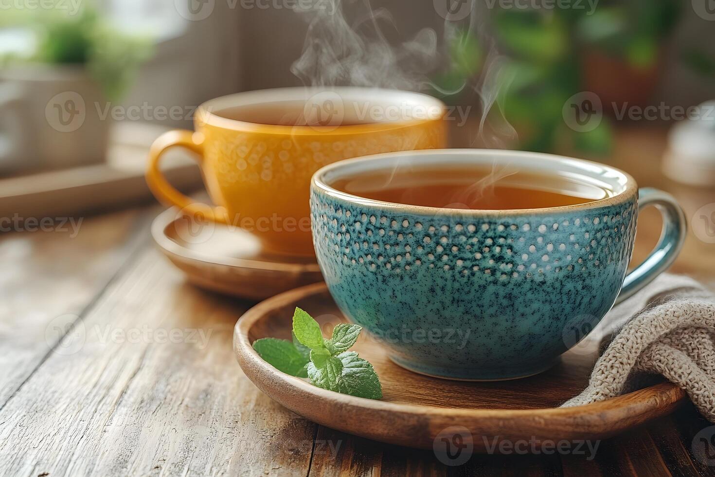 Cozy Tea Time with Steaming Cups on Rustic Wooden Table - Perfect for Relaxation and Coffee Shop Decor photo