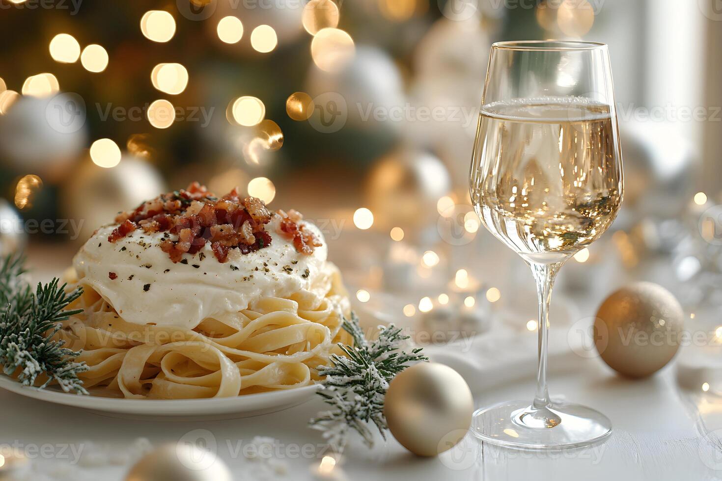 Festive Pasta Dish with White Wine and Holiday Lights photo
