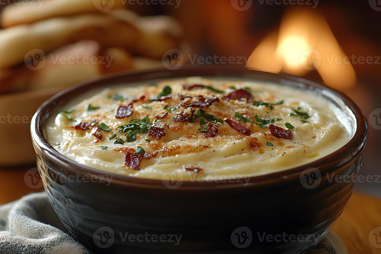 Creamy Mashed Potatoes with Crispy Bacon and Herbs in Rustic Setting photo