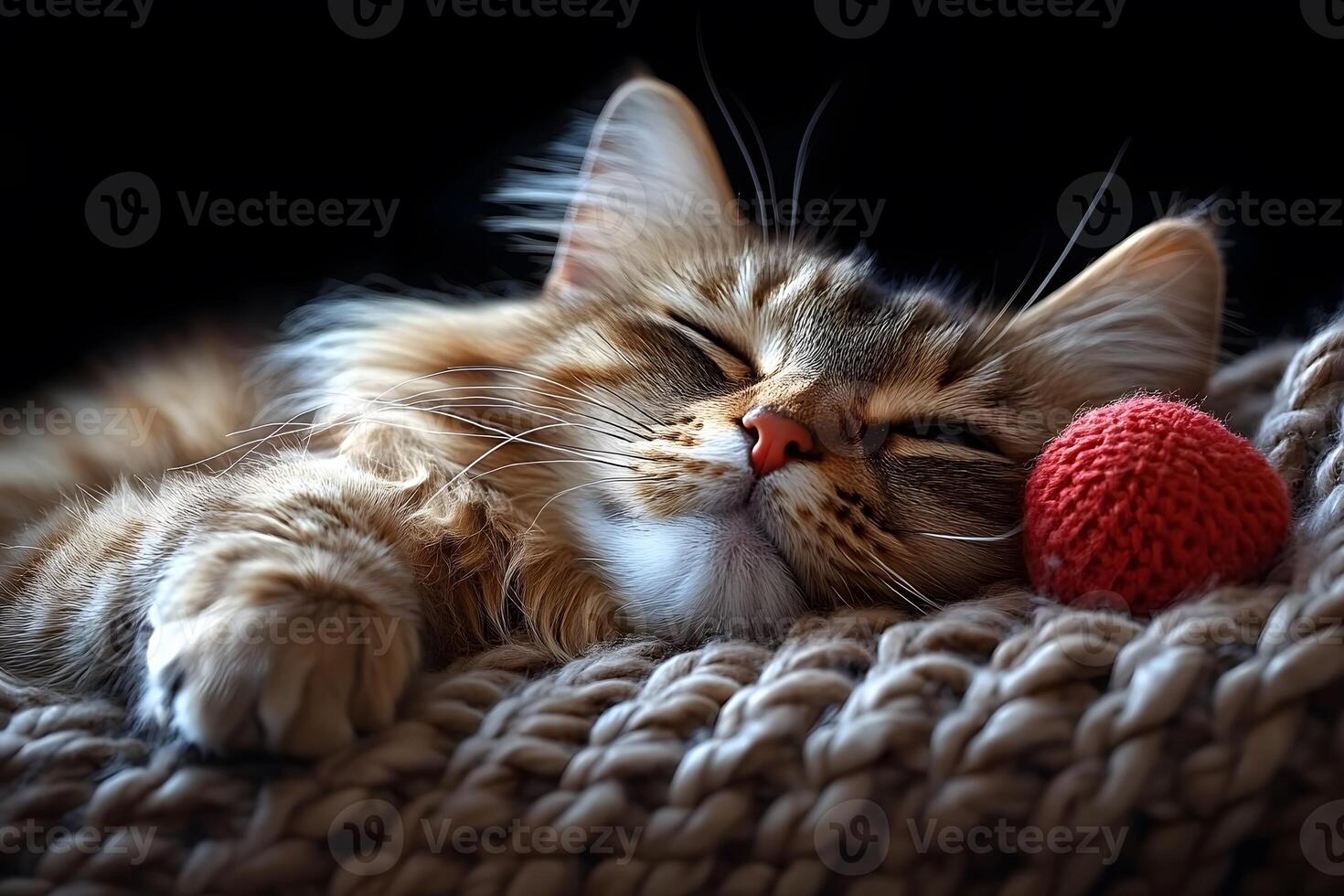 Cozy Cat Sleeping with Red Yarn Ball on Knit Blanket - Perfect for Pet Care and Relaxation Themes photo