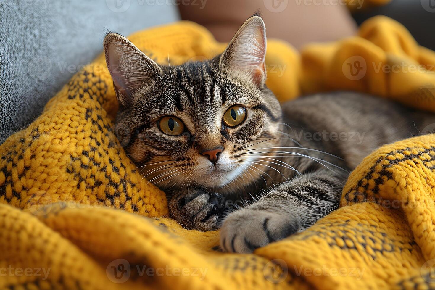 Cozy Tabby Cat Resting on a Warm Yellow Blanket in a Calm Home Setting photo