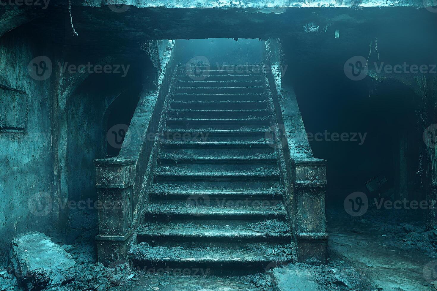 Eerie Abandoned Staircase in Mysterious Urban Ruin photo