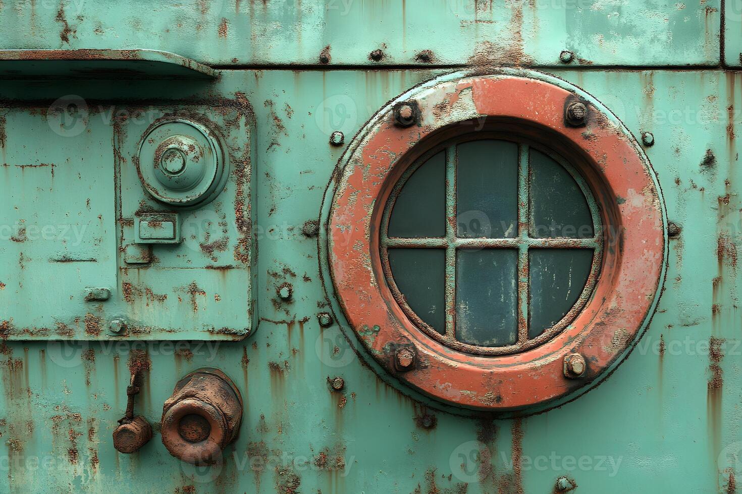 Industrial Vintage Machinery with Rusted Green Metal and Round Window for Retro Design Projects photo
