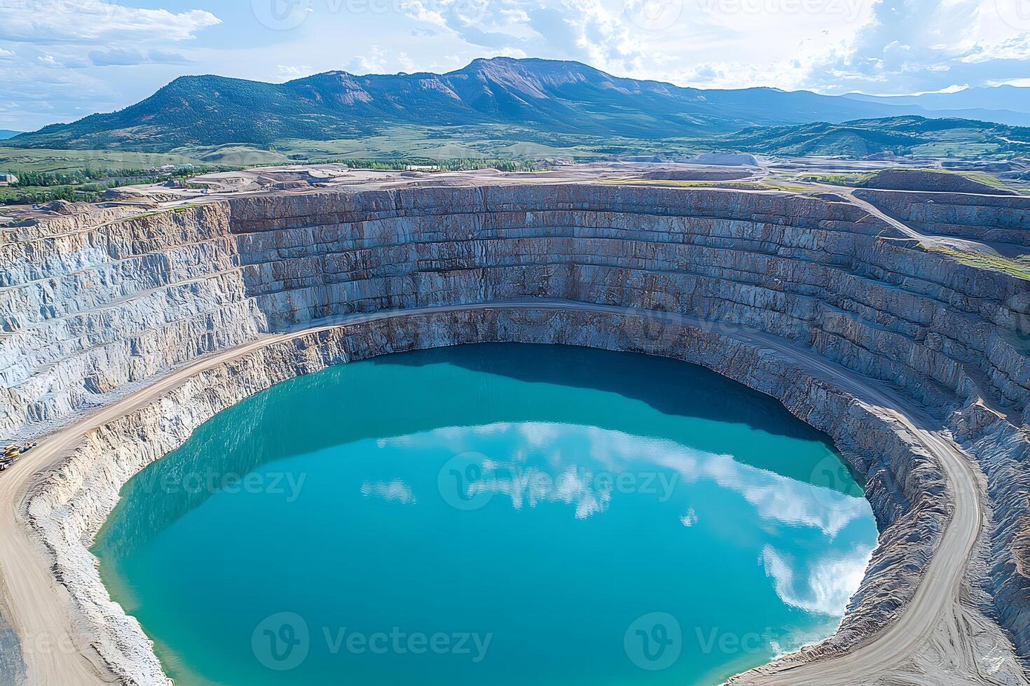 Majestic Aerial View of Blue Water in an Open-Pit Mine with Mountainous Backdrop for Nature and Industry Themes photo