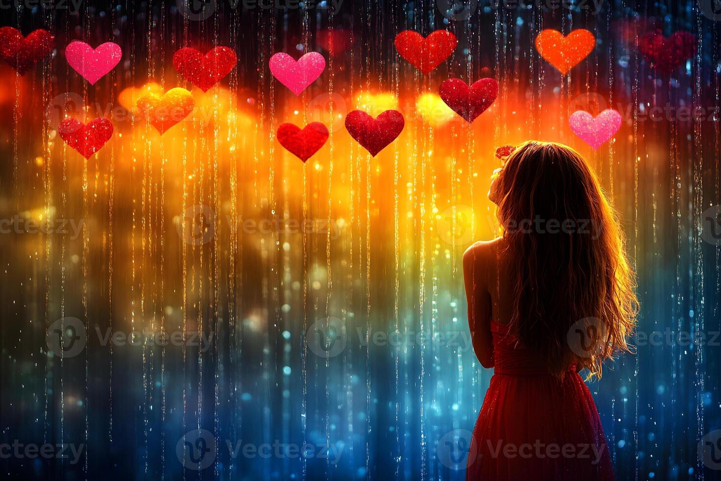 Romantic Dreamscape with Woman and Floating Hearts - Valentine's Design for Posters and Cards photo