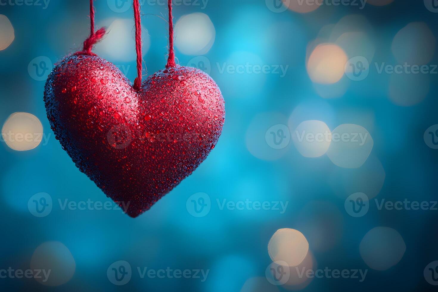 Glittering Red Heart with Dewdrops on Blue Bokeh Background for Valentine's Design photo