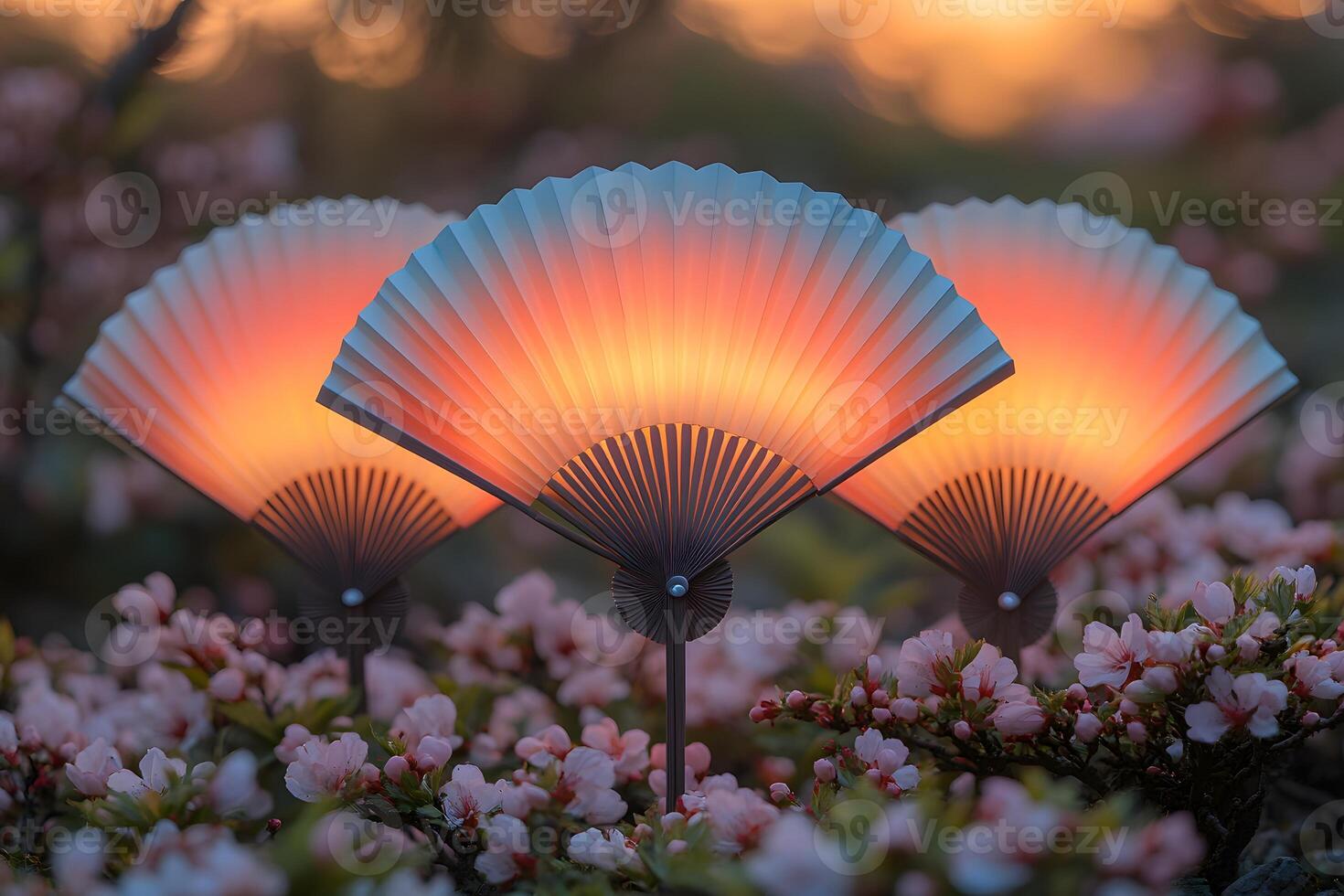Illuminated Fans Amidst Blossoming Flowers at Sunset - Decorative Art Design photo