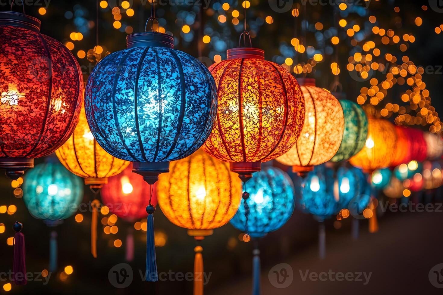 Colorful Lanterns Illuminating a Festive Evening Celebration with Twinkling Lights photo