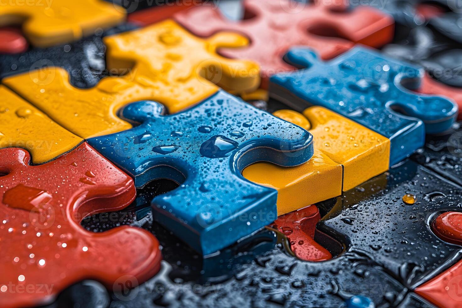 Colorful Puzzle Pieces with Water Droplets Symbol of Problem Solving and Creativity photo