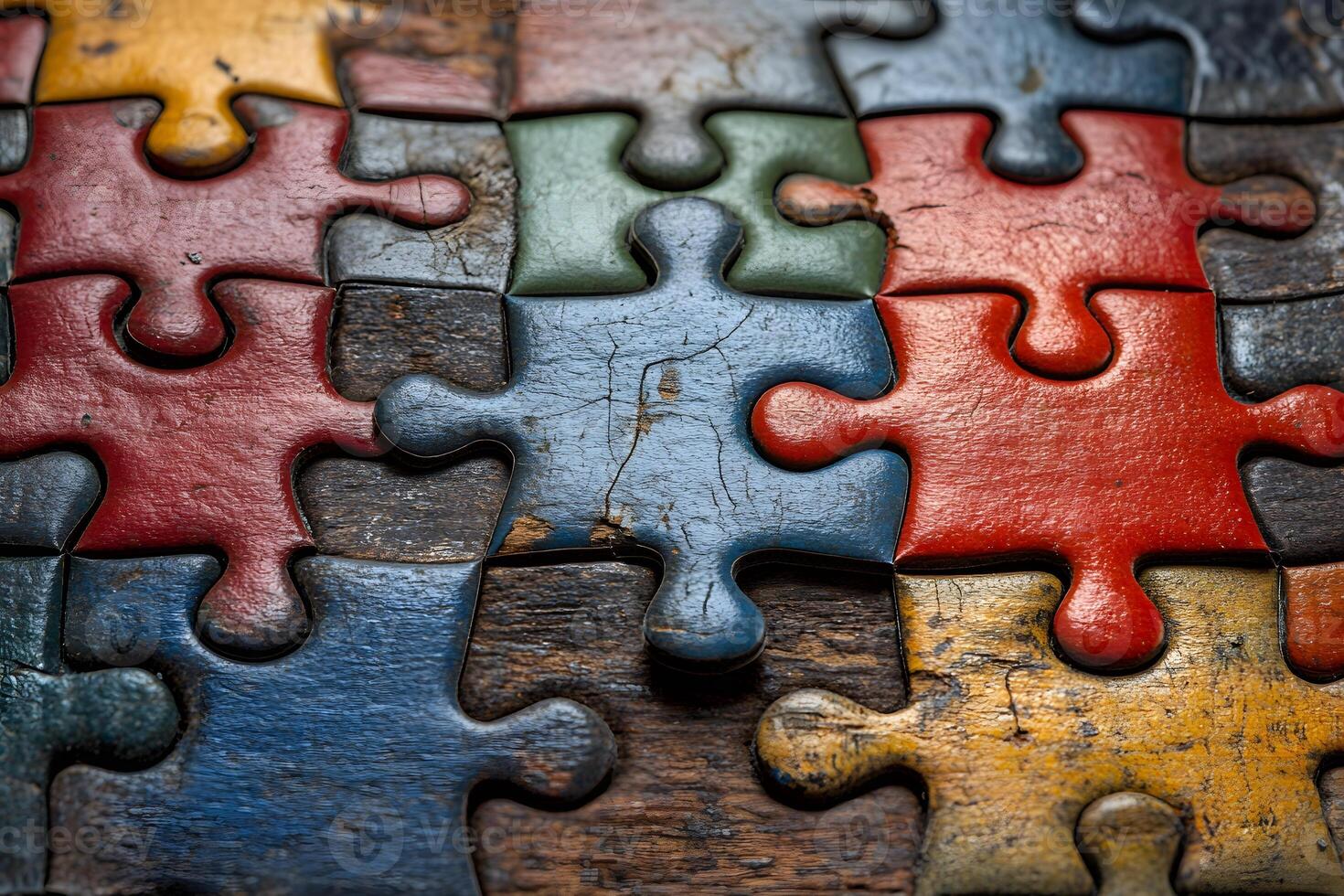 Vintage Puzzle Pieces on Wooden Surface - Rustic Jigsaw Concept for Creative Design Projects photo