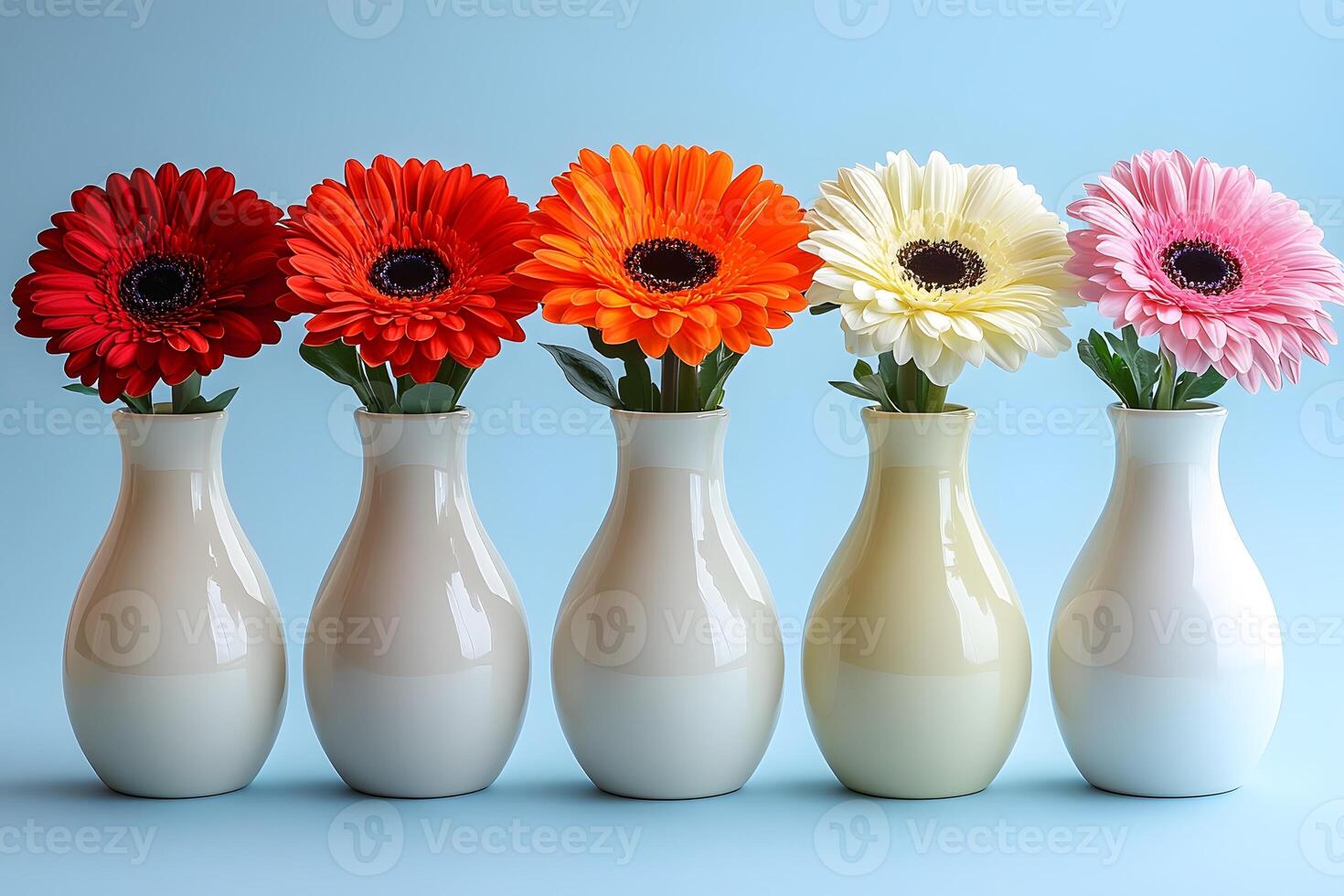 Vibrant Gerbera Daisies in Elegant White Vases Against Blue Background photo