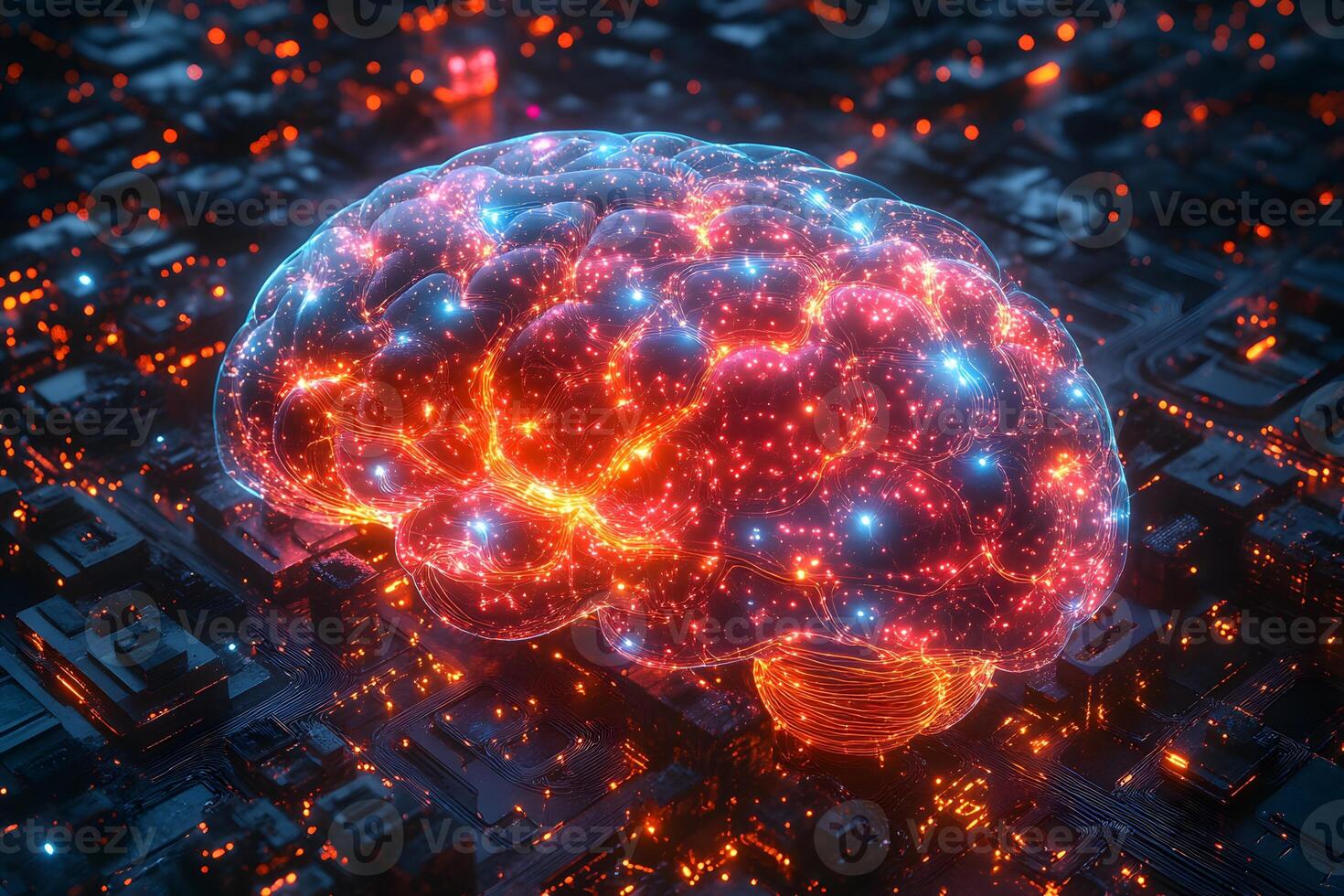 Futuristic Digital Brain with Neural Networks Visualization for AI and Technology Design photo