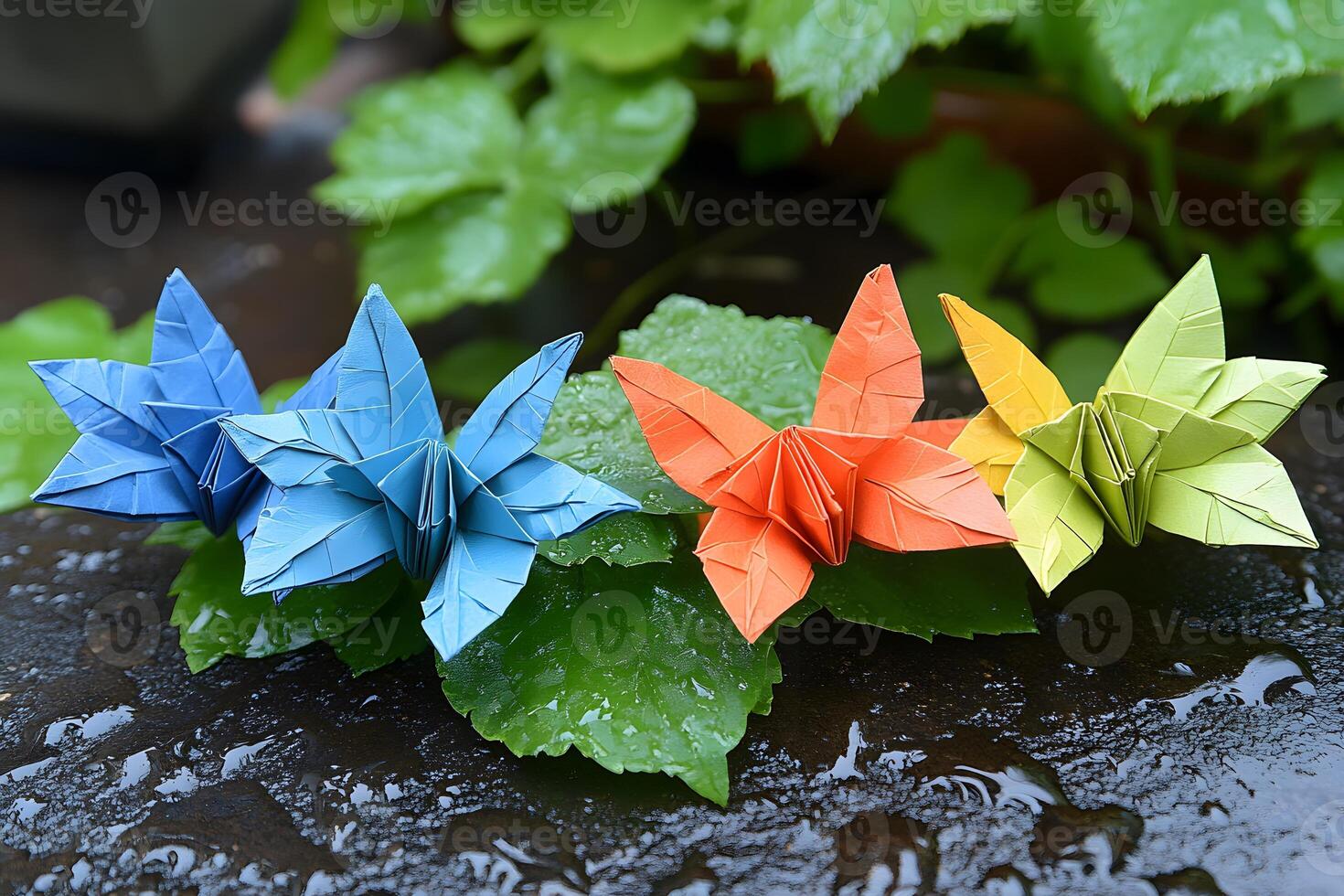 Colorful Origami Butterflies on Green Leaves - Nature and Art Fusion for Decoration photo