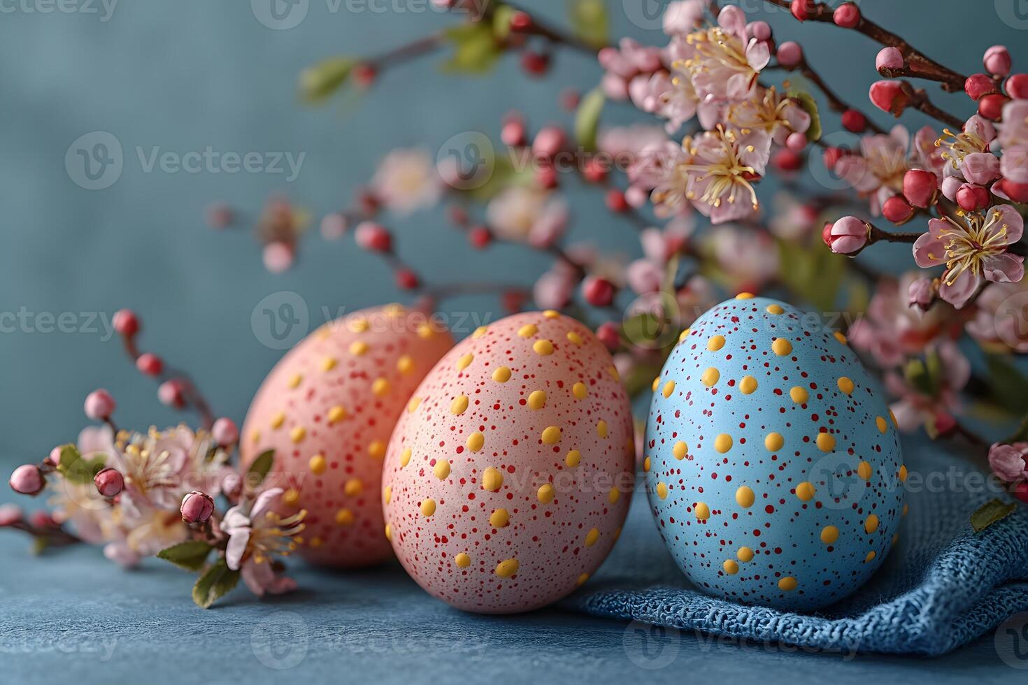 Easter Celebration with Colorful Speckled Eggs and Blossom Branches for Spring Decor photo