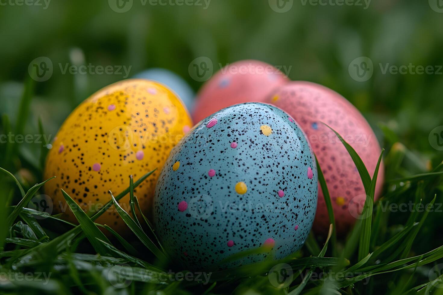 Colorful Easter Eggs in Grass with Bright Speckled Patterns for Spring Design photo