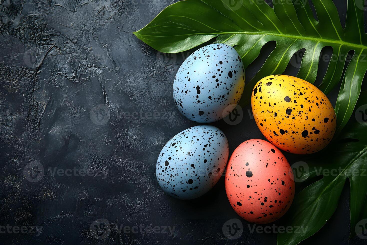 Vibrant Speckled Easter Eggs on Tropical Leaf Background for Spring Celebration Design photo