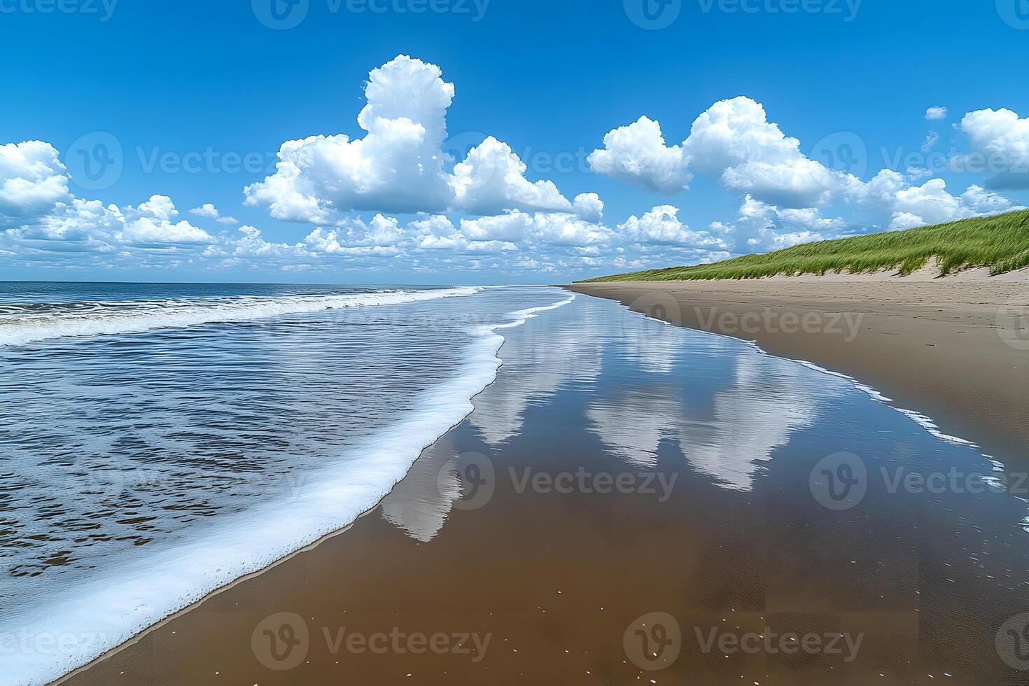 Tranquil Beach Scene with Reflections Under a Cloudy Blue Sky for Summer Relaxation photo