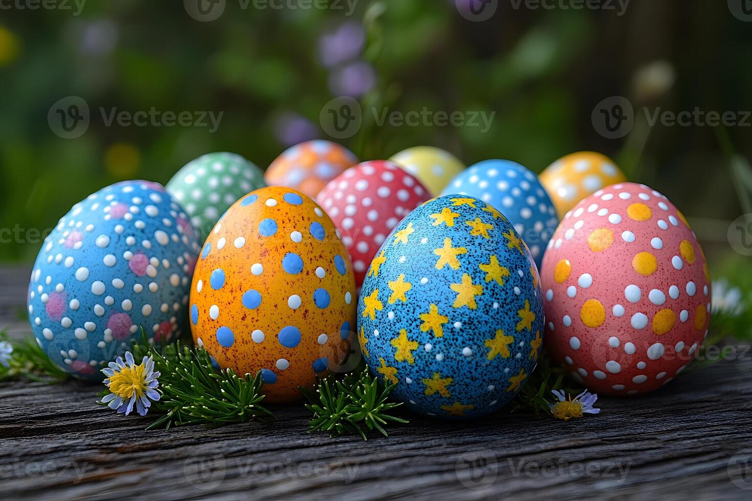 Colorful Easter Eggs with Polka Dot and Star Patterns for Spring Celebrations photo