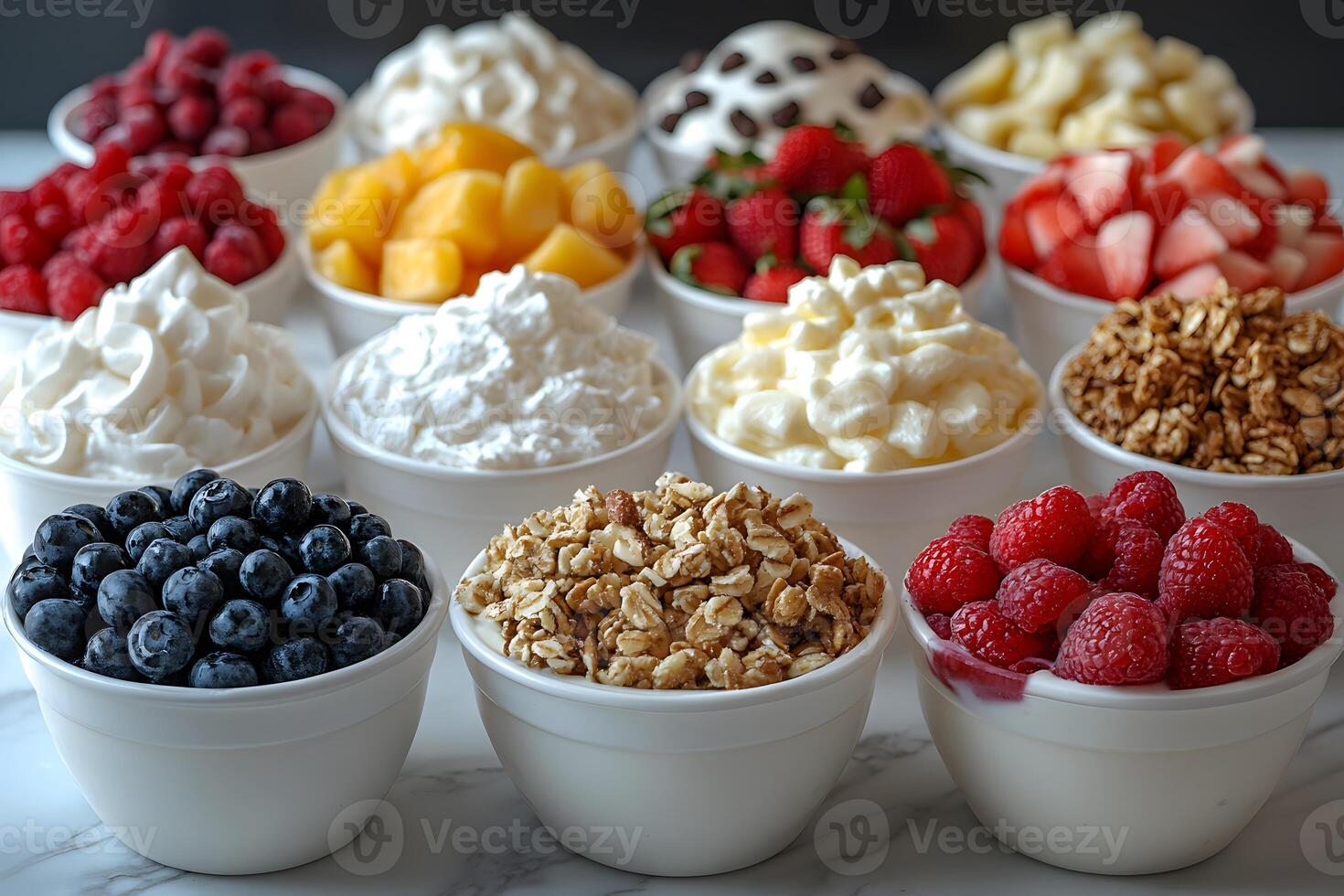Colorful Display of Fresh Fruits and Yogurt Toppings for Healthy Breakfast photo