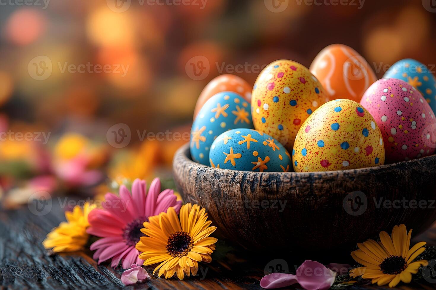 Vibrant Easter Eggs and Flowers in a Rustic Bowl for Spring Celebration photo