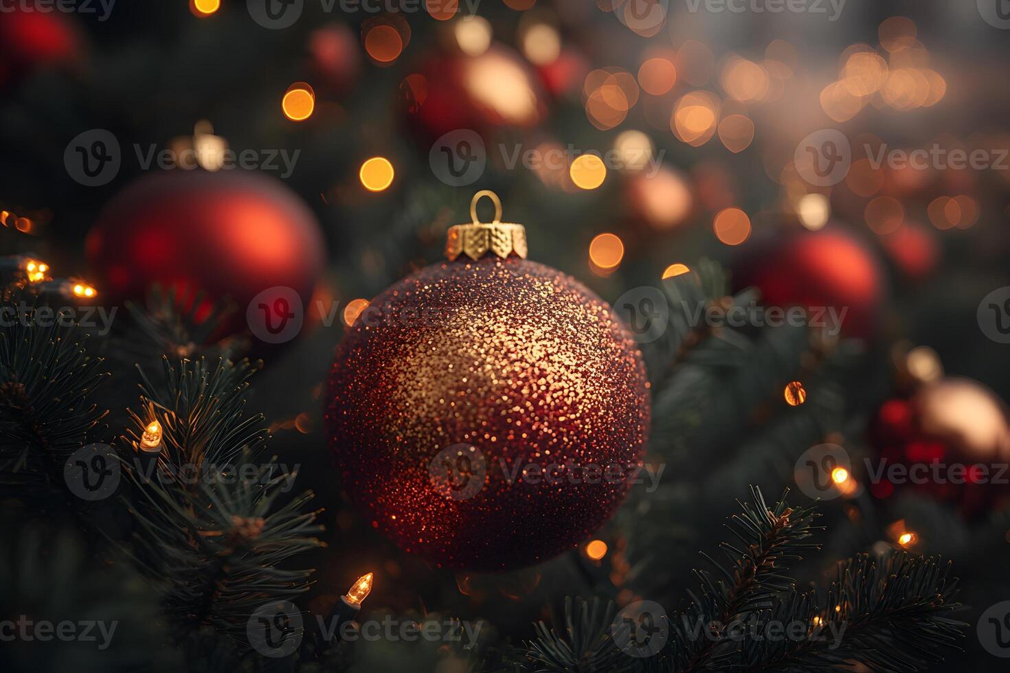 Festive Christmas Ornament Close-Up with Glittering Red Bauble on Evergreen Tree photo