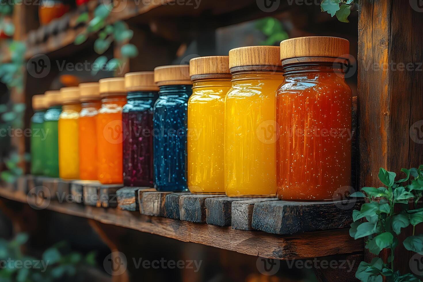 Vibrant Colorful Jars of Paint on Rustic Wooden Shelf Artistic Decor and Design Inspiration photo
