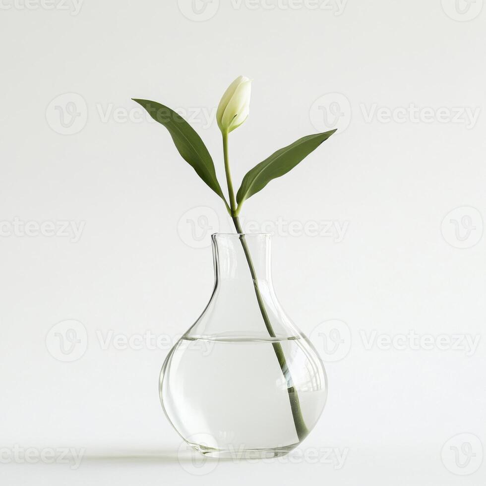 Elegant white flower in clear glass vase with water on minimalist background photo