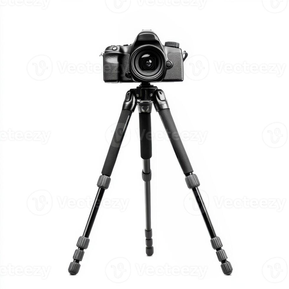 Professional camera mounted on tripod ready for shooting in a studio setting photo