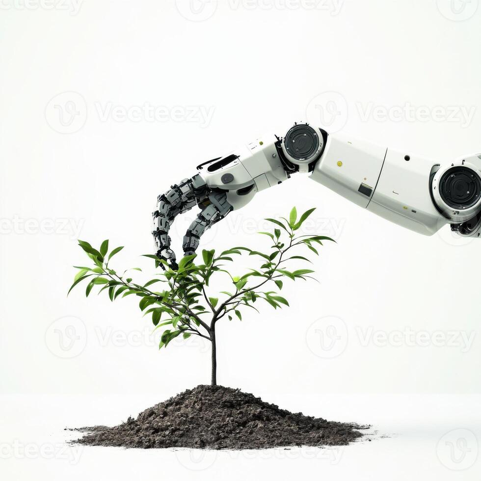 Robotic hand nurturing a young plant in soil, symbolizing the fusion of technology and nature photo