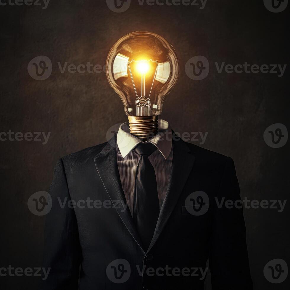 Creative representation of a business figure with a light bulb head symbolizing innovative ideas in an artistic concept photo