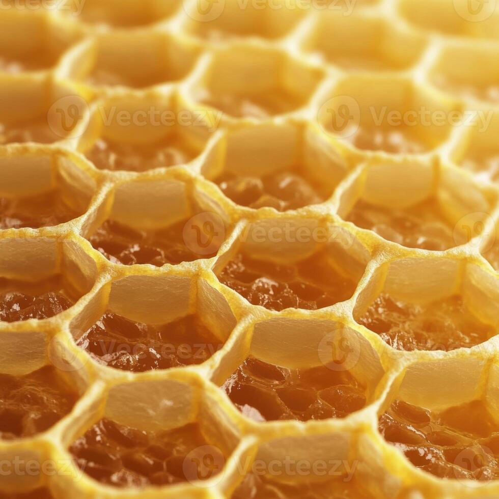 Beautiful close-up of honeycomb structure displaying intricate hexagonal patterns and golden honey deposits in warm light photo
