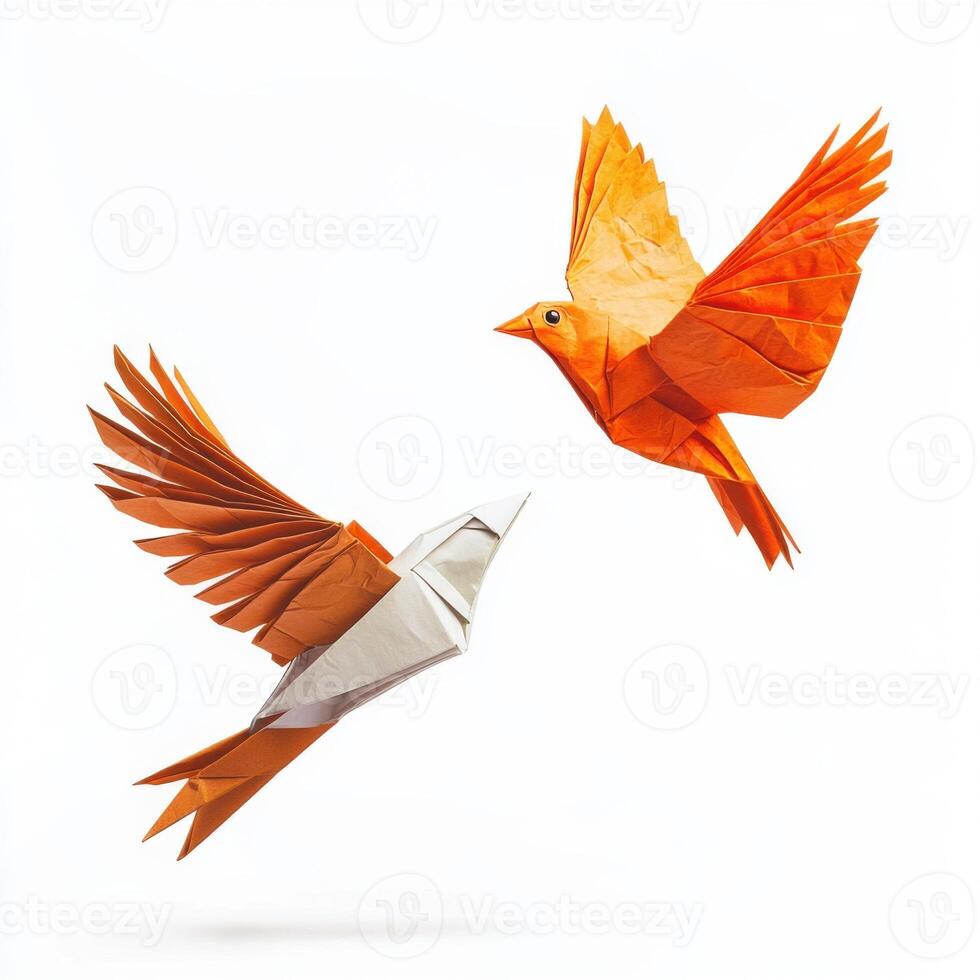 Two colorful origami birds in flight showcasing intricate paper folding techniques and vibrant hues against a clean white background photo