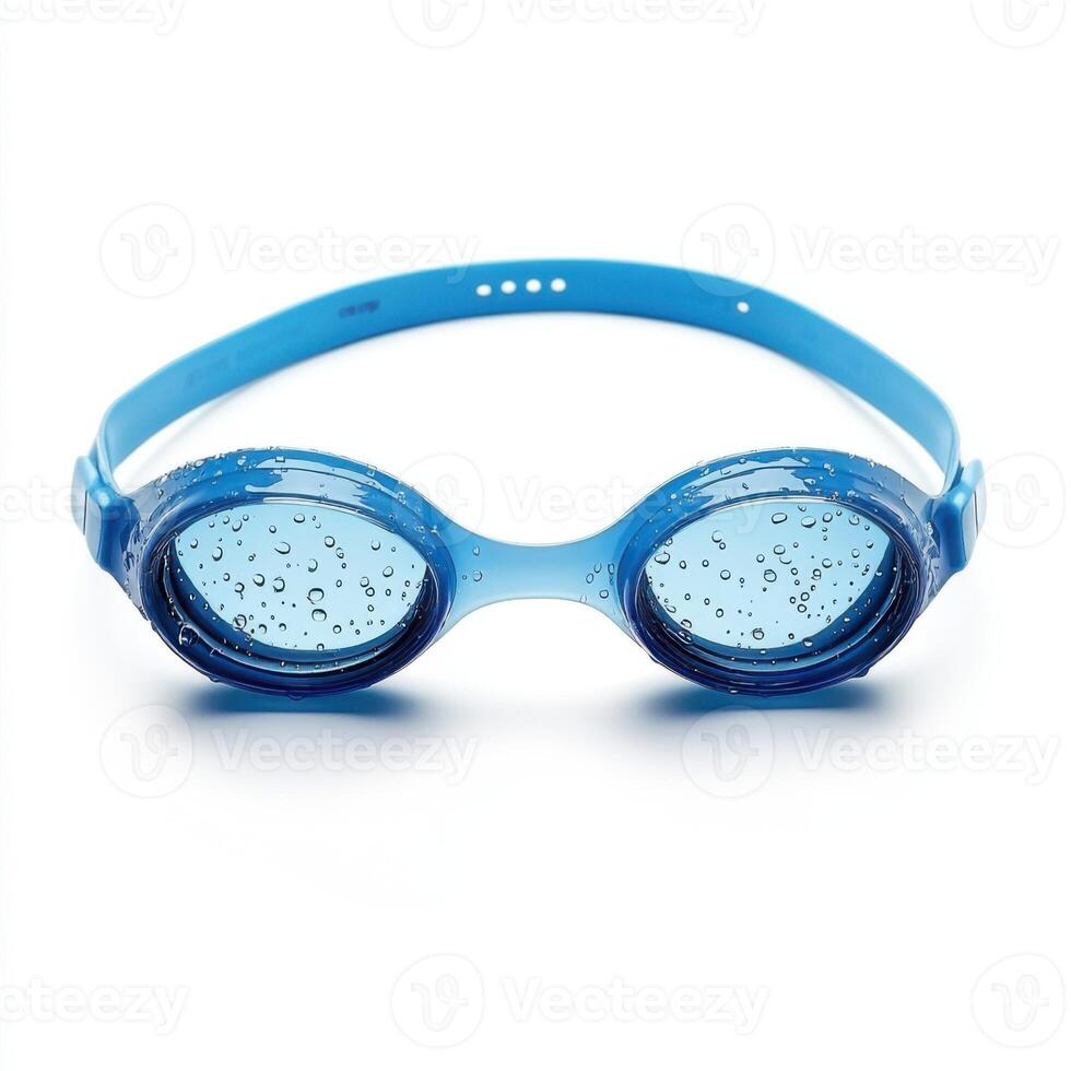 Blue swimming goggles with water droplets resting on the lenses, ready for use in a pool setting photo