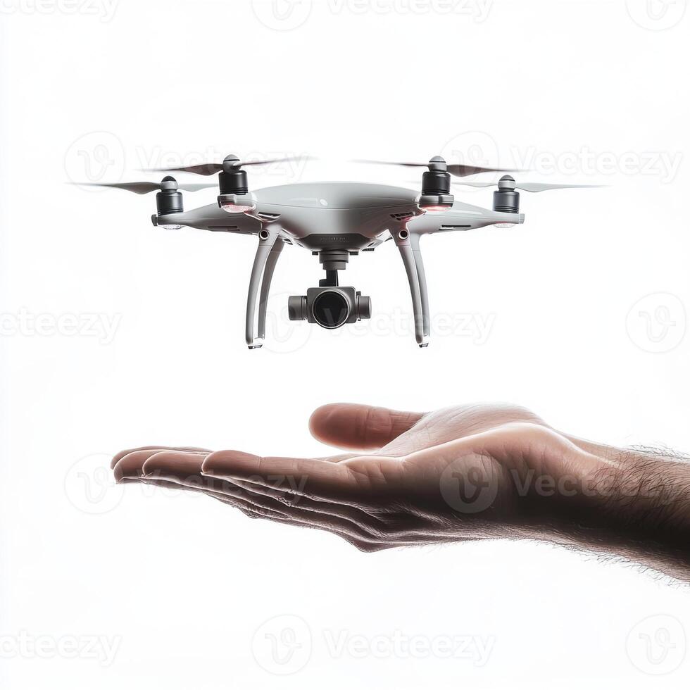 Hand reaching out to catch a hovering drone in a bright and minimalist setting photo