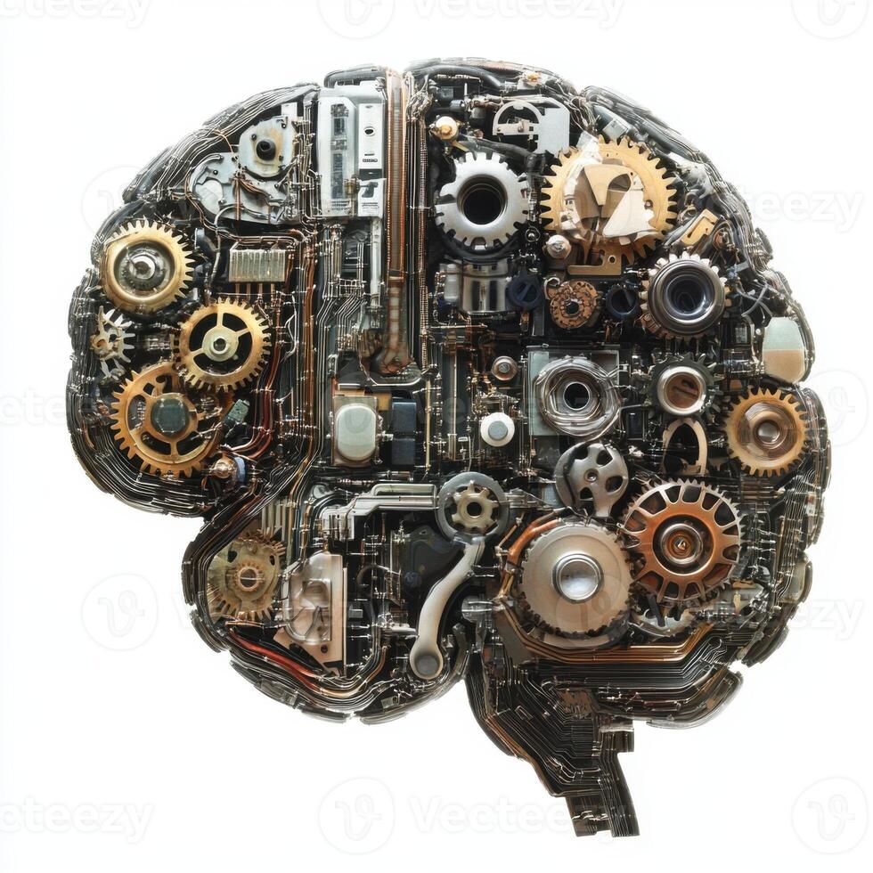 Intricate design of a brain made from gears and circuit boards reflects the fusion of technology and human intellect photo