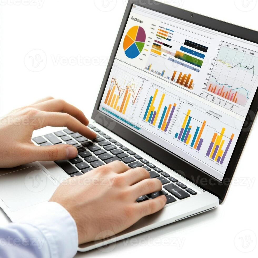 Data analysis in progress with charts and graphs displayed on a laptop screen photo