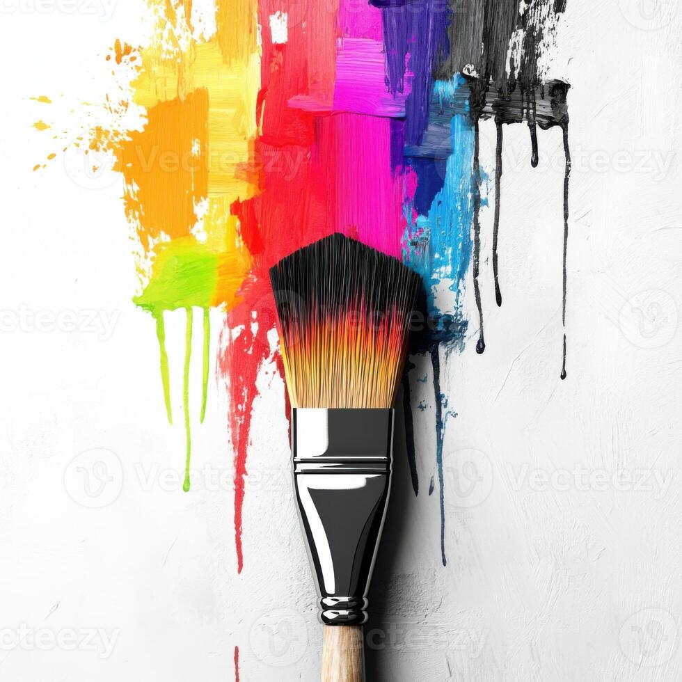 Colorful paint splashes with a brush creating unique art on a white background photo