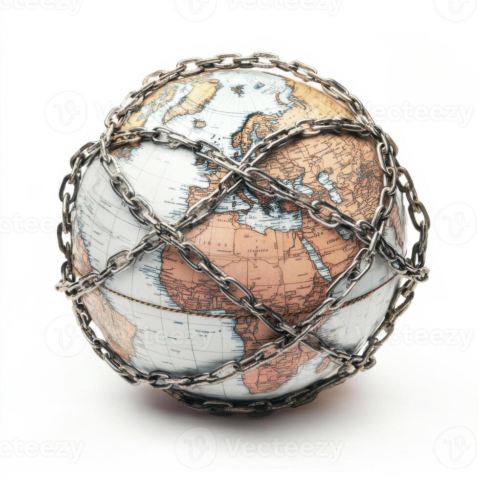 Global struggle represented by globe encased in metal chains symbolizing restriction and confinement photo