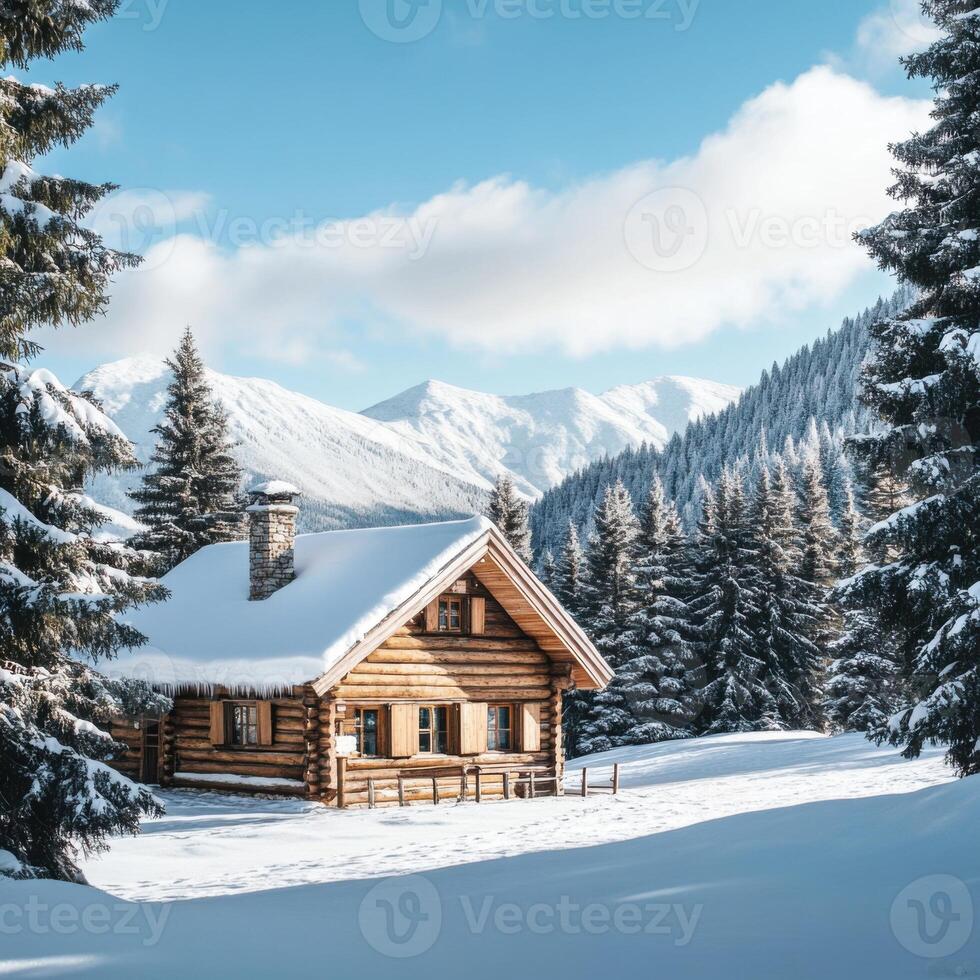 Snow-covered log cabin nestled in a serene winter landscape with mountains and trees during bright daylight photo