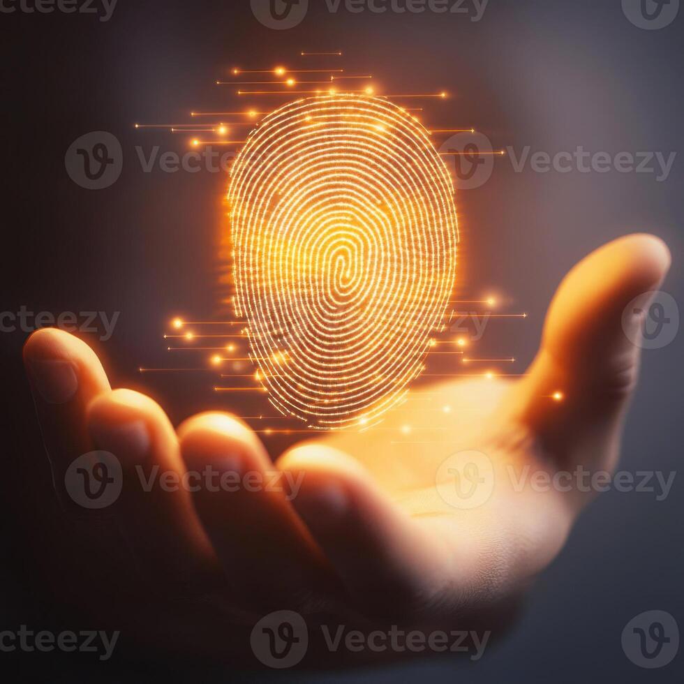 Unique fingerprint illuminated in hand with glowing effects showcasing identity and security measures photo