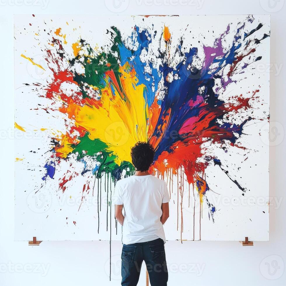 Artist admires vibrant abstract painting with splashes of color in a contemporary gallery setting photo