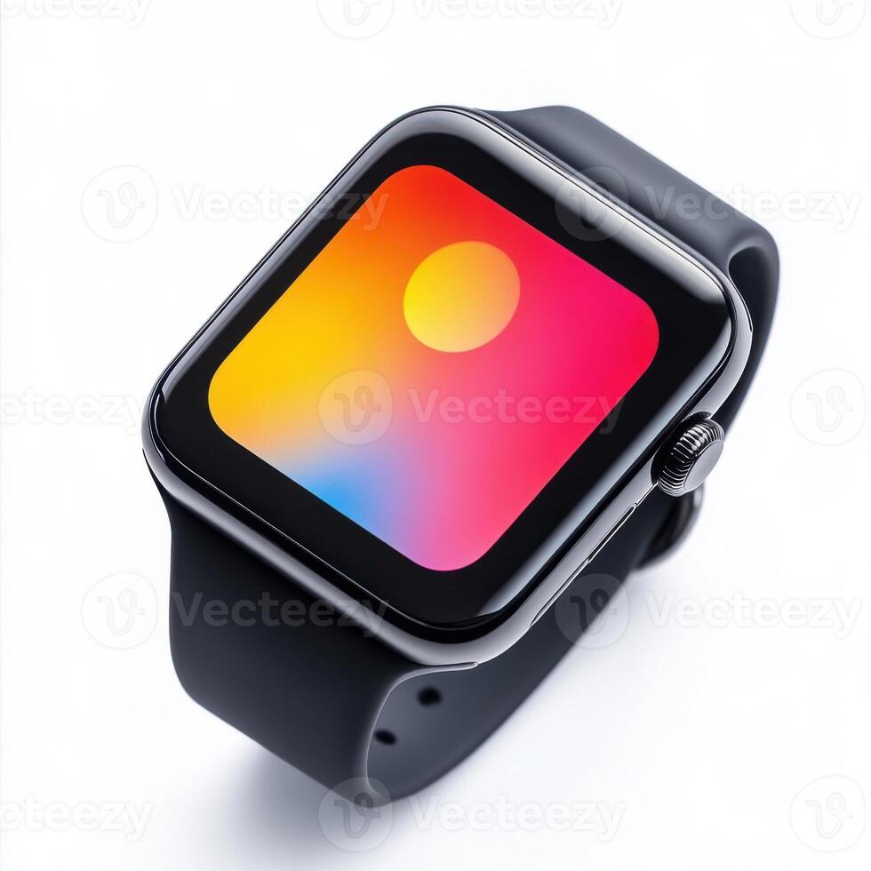 Stylish smartwatch with vibrant display showcasing a colorful abstract background at an indoor setting photo