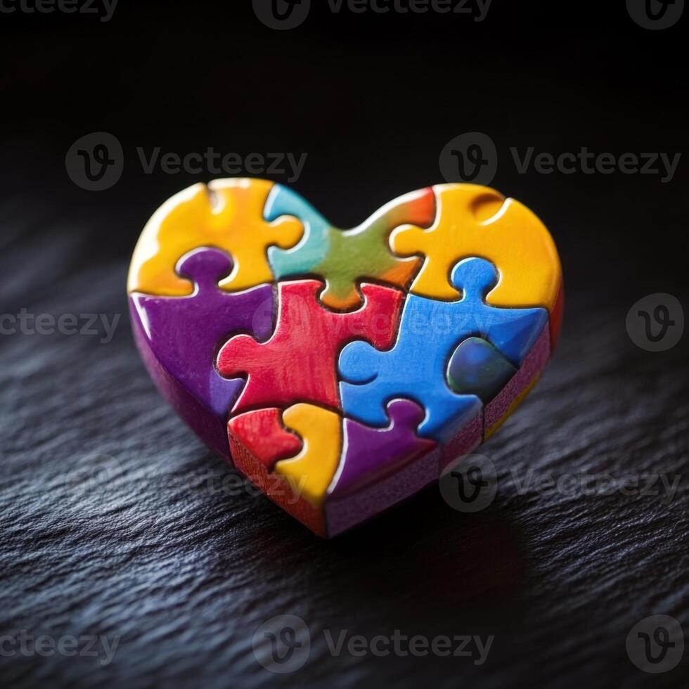 Colorful heart-shaped puzzle piece arrangement on a dark surface highlights themes of love and connection in creative expression photo
