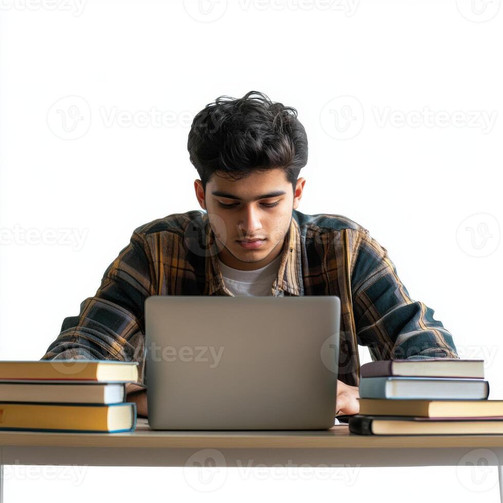 Young male student studying intently at a desk with books and a laptop in a bright indoor setting photo